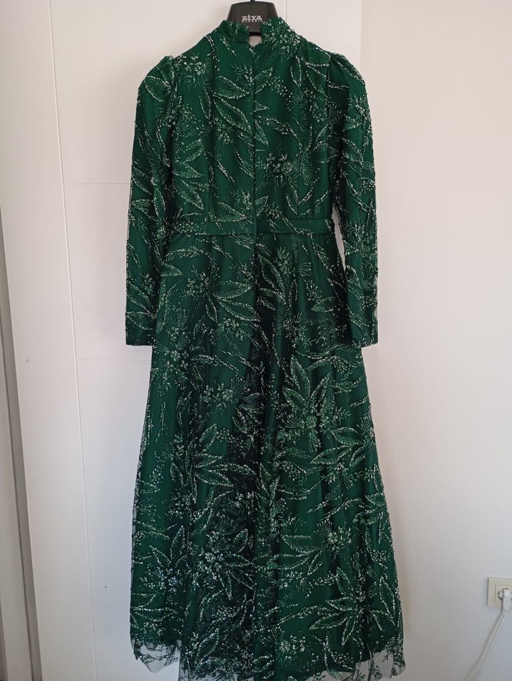 Yeşil İşlemeli Uzun Kollu Abiye Elbise - Görsel 4