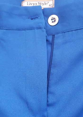 Düğmeli Mavi Kadın Blazer Ceket Pantolon Takımı - Görsel 6