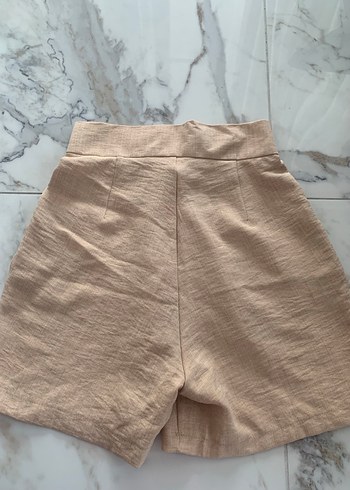 Kadın Bej Yüksek Bel Pilili Keten Şort - Görsel 4