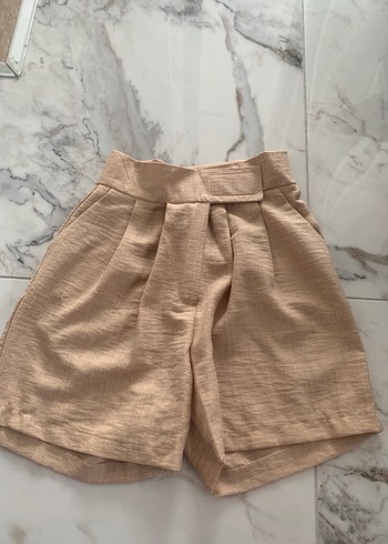 Kadın Bej Yüksek Bel Pilili Keten Şort - Görsel 2