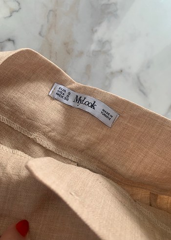 Kadın Bej Yüksek Bel Pilili Keten Şort - Görsel 3