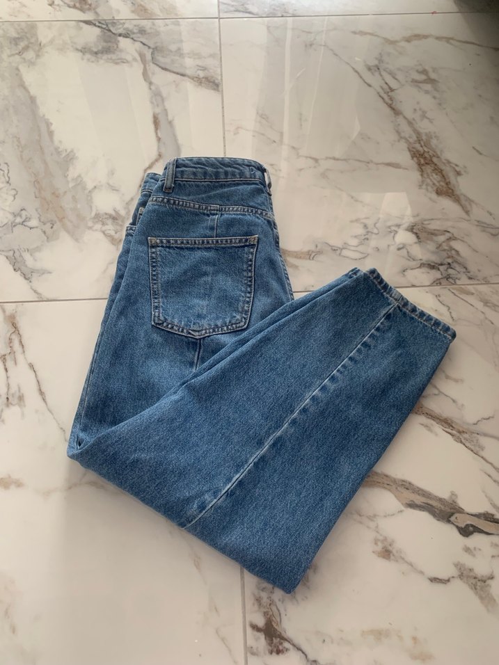 Düğmeli Mavi Barrel Kot Pantolon - Görsel 2