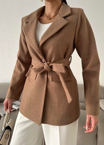 Kadın Kruvaze Yaka Kuşaklı Kaşe Kumaş Vizon Kaban Ceket - Görsel 4