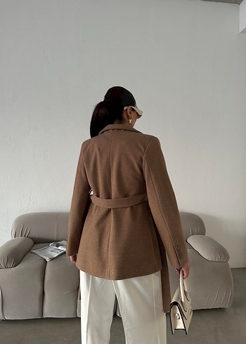 Kadın Kruvaze Yaka Kuşaklı Kaşe Kumaş Vizon Kaban Ceket - Görsel 6