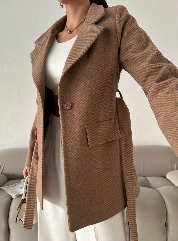 Kadın Kruvaze Yaka Kuşaklı Kaşe Kumaş Vizon Kaban Ceket - Görsel 2