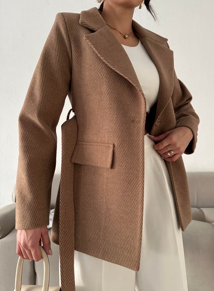 Kadın Kruvaze Yaka Kuşaklı Kaşe Kumaş Vizon Kaban Ceket - Görsel 3