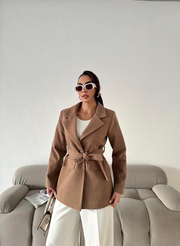 Kadın Kruvaze Yaka Kuşaklı Kaşe Kumaş Vizon Kaban Ceket - Görsel 5