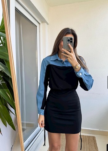 Uzun Kollu Kemerli Mini Kot Elbise - Görsel 2