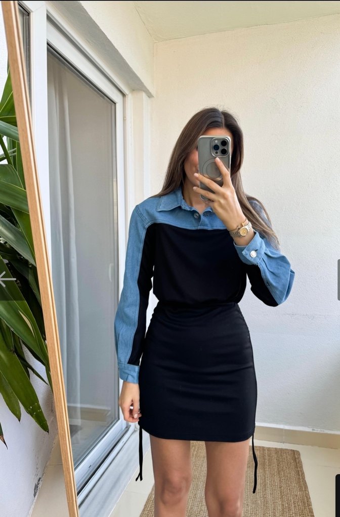 Uzun Kollu Kemerli Mini Kot Elbise - Görsel 2