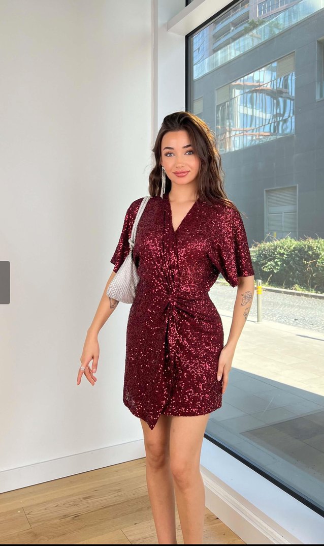Bordo Mini Payetli V Yaka Abiye Elbise - Görsel 2