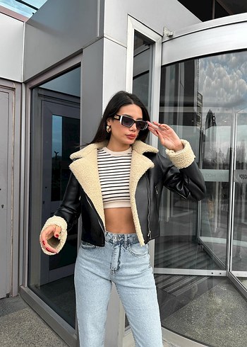 Kürk Detaylı Siyah Deri Kısa Kadın Ceket - Görsel 4