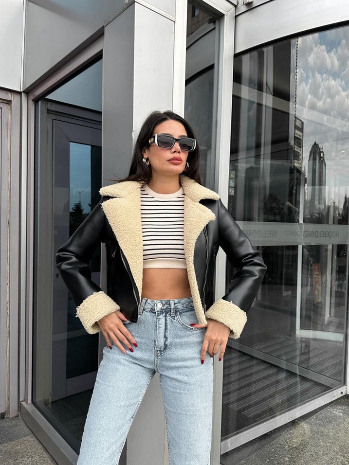 Kürk Detaylı Siyah Deri Kısa Kadın Ceket - Görsel 2