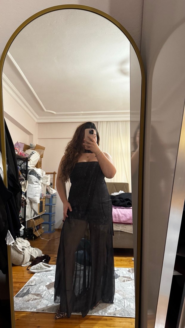 Siyah elbise mini uzun tüllü - Görsel 2