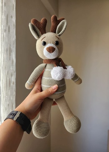 Bej ve Gri Örgü Geyik Peluş Oyuncak