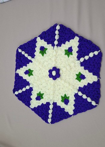 El İşi Örgü Mor Beyaz Çiçek Desenli - Görsel 3