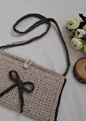 Bej Gri Nakışlı Örgü Kadın TELEFON ÇANTASI - Görsel 3