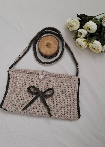 Bej Gri Nakışlı Örgü Kadın TELEFON ÇANTASI - Görsel 2