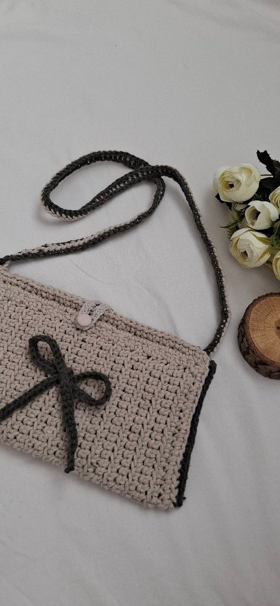 Bej Gri Nakışlı Örgü Kadın TELEFON ÇANTASI - Görsel 3