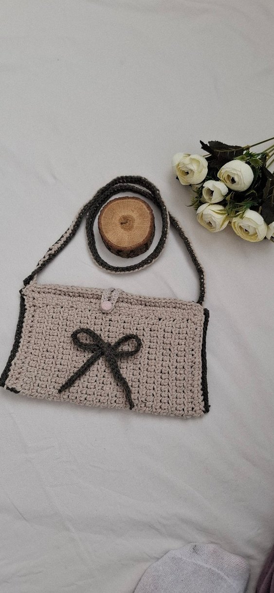 Bej Gri Nakışlı Örgü Kadın TELEFON ÇANTASI - Görsel 2
