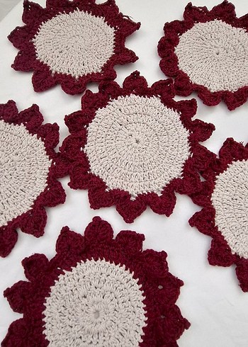 Bohem Kırmızı Kenarlı El Örgüsü Bardak Altlıkları - Görsel 4