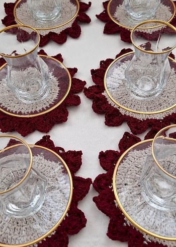 Bohem Kırmızı Kenarlı El Örgüsü Bardak Altlıkları - Görsel 2