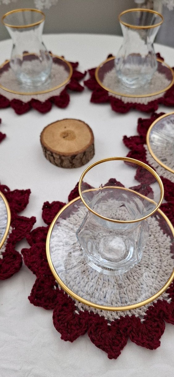 Bohem Kırmızı Kenarlı El Örgüsü Bardak Altlıkları - Görsel 3