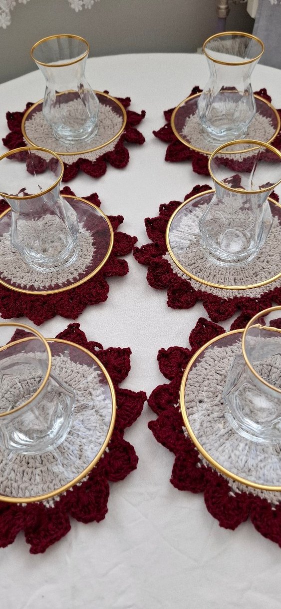 Bohem Kırmızı Kenarlı El Örgüsü Bardak Altlıkları - Görsel 2