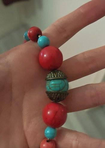 Uzun Turkuaz ve Kırmızı tas Boncuklu Bohem Kolye - Görsel 6
