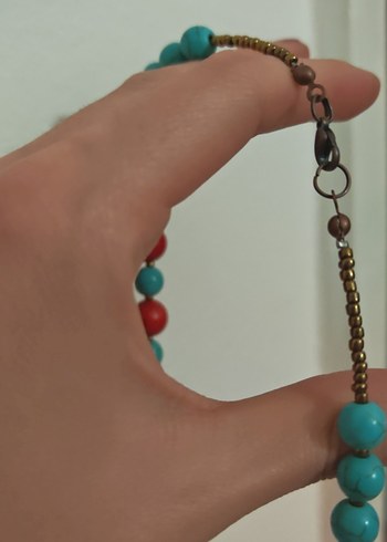 Uzun Turkuaz ve Kırmızı tas Boncuklu Bohem Kolye - Görsel 5