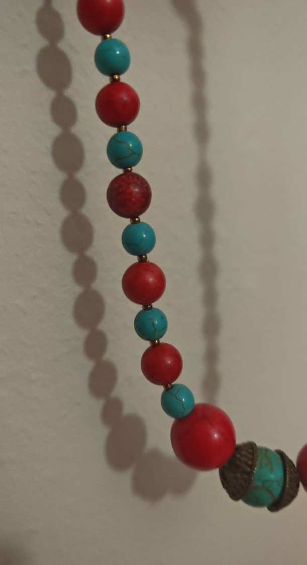 Uzun Turkuaz ve Kırmızı tas Boncuklu Bohem Kolye - Görsel 4