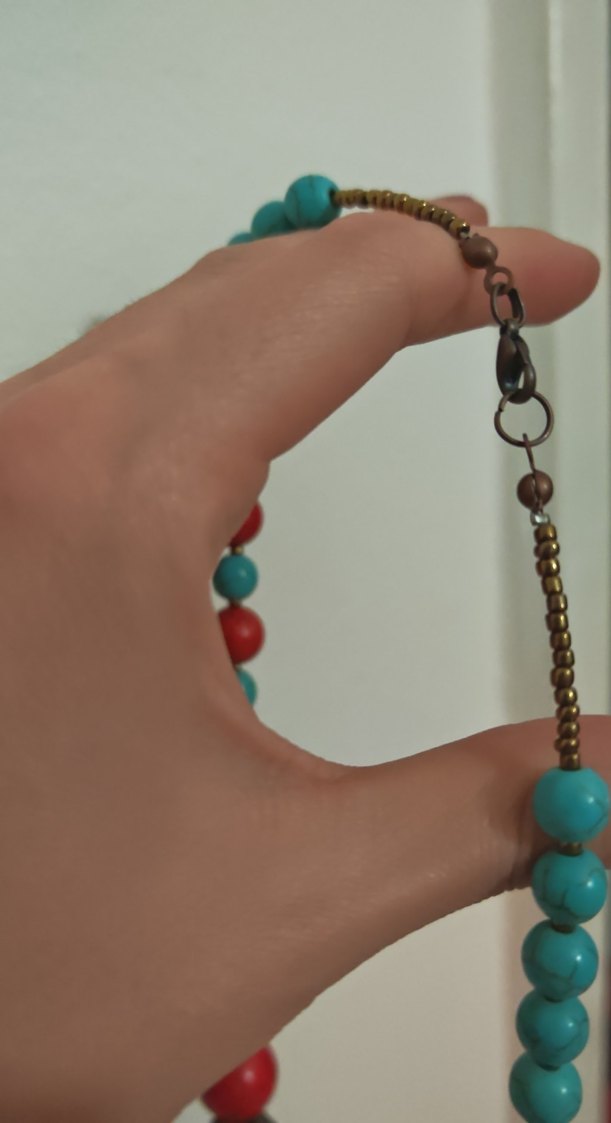 Uzun Turkuaz ve Kırmızı tas Boncuklu Bohem Kolye - Görsel 5
