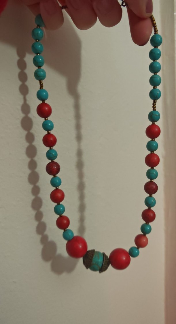 Uzun Turkuaz ve Kırmızı tas Boncuklu Bohem Kolye - Görsel 2