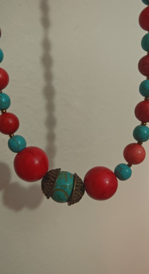 Uzun Turkuaz ve Kırmızı tas Boncuklu Bohem Kolye - Görsel 3