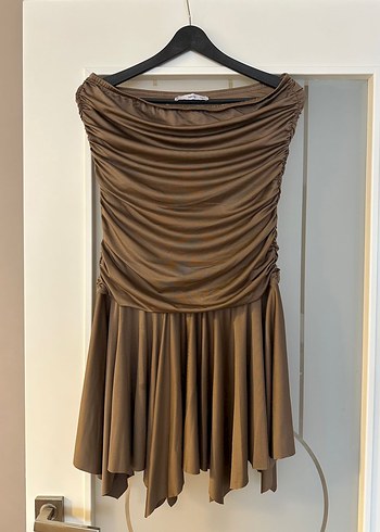 Askısız, Drapeli Bej Midi Kadın Elbise - Görsel 4