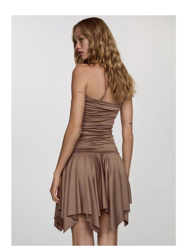 Askısız, Drapeli Bej Midi Kadın Elbise - Görsel 2