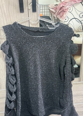 Gri Uzun Kollu Kürklü Triko Kazak - Görsel 2