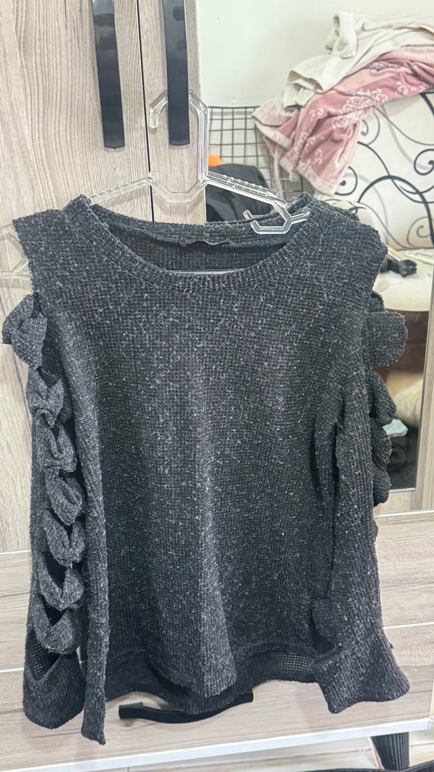 Gri Uzun Kollu Kürklü Triko Kazak - Görsel 2