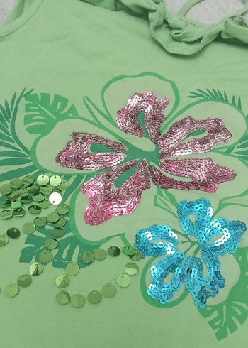 Kız Çocuk Yeşil Pul İşlemeli Straplez Tişört - Görsel 2