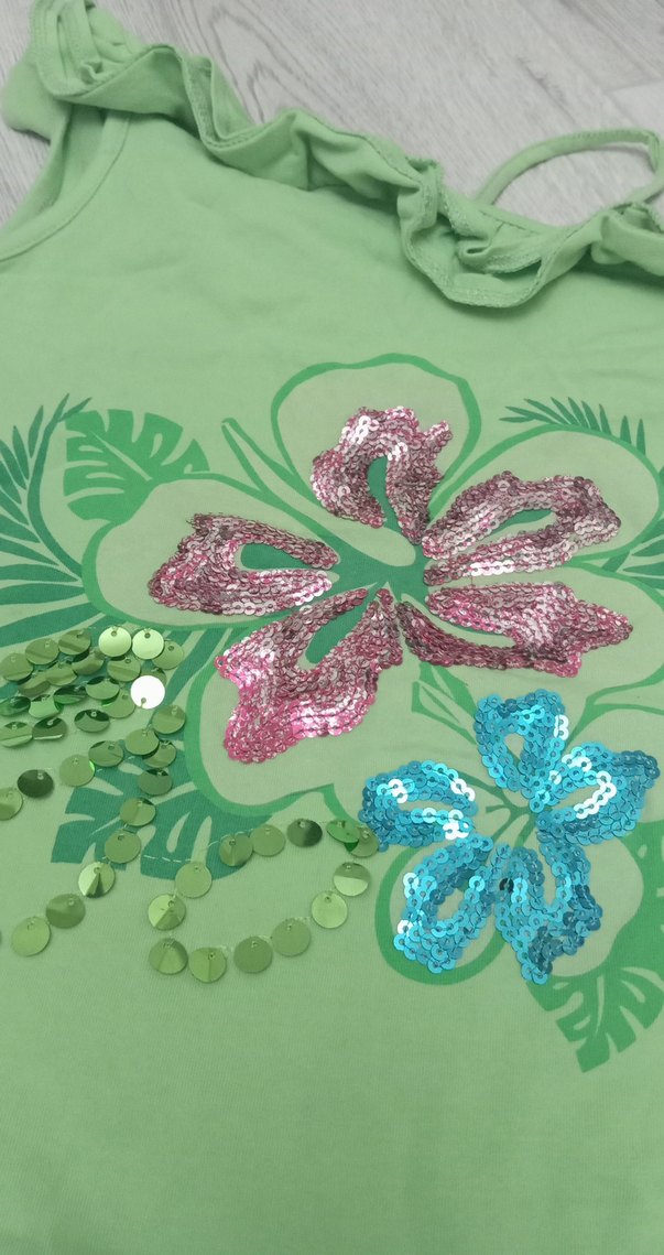 Kız Çocuk Yeşil Pul İşlemeli Straplez Tişört - Görsel 2