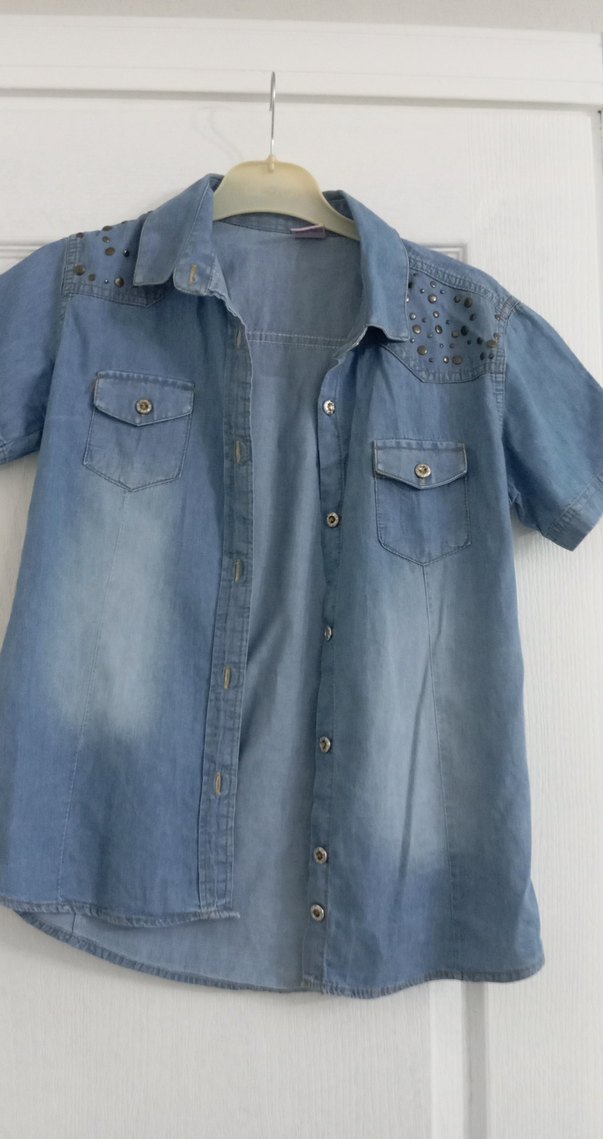 Düğmeli Kısa Kollu Denim Kadın Gömlek - Görsel 4