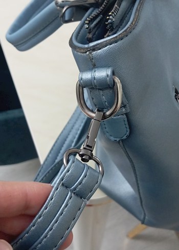 Mavi Deri Kadın Çanta Fermuarlı Cepli - Görsel 5