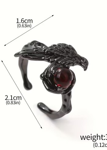 Gotik Kırmızı Boncuklu Karga Motifli Yüzük - Görsel 4