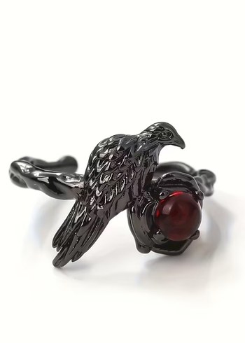 Gotik Kırmızı Boncuklu Karga Motifli Yüzük - Görsel 2
