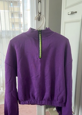 Kadın Parlak Mor Yarım Fermuarlı Sweatshirt