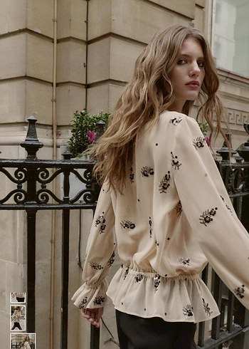 Nakışlı Boncuk Detaylı Bej Mini Bluz - Görsel 4