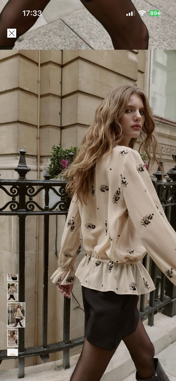 Nakışlı Boncuk Detaylı Bej Mini Bluz - Görsel 4