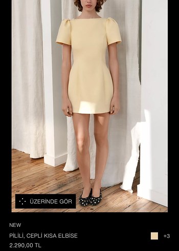 Sarı Mini Elbise, V Yaka, Kısa Kollu - Görsel 2