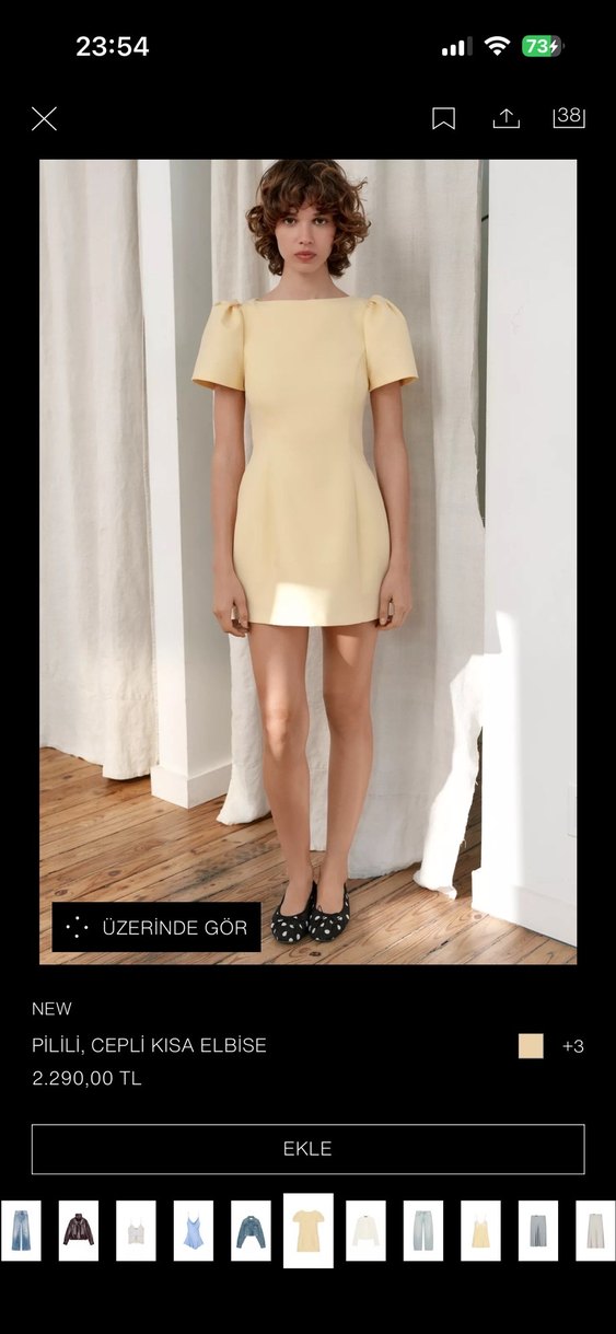 Sarı Mini Elbise, V Yaka, Kısa Kollu - Görsel 2