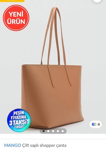 MANGO Bej Deri Çift Saplı Shopper Çanta