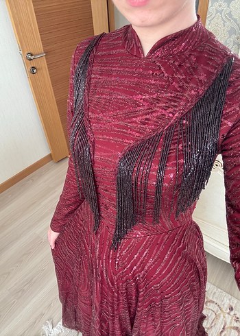 36 Beden bordo Renk Bordo Uzun Kollu Abiye Elbise